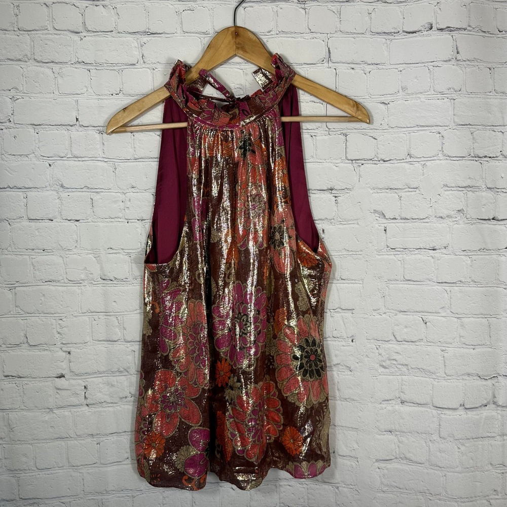 Trina Turk Metallic Floral Halter Top Pink Gold Ruffle Neck Keyhole Blouse Large